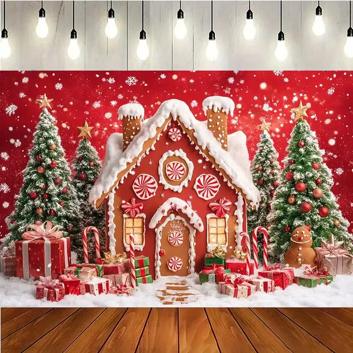 Tissu de fond pour photographie de Noël - Maison en pain d'épices, flocons de neige, canne à bonbons