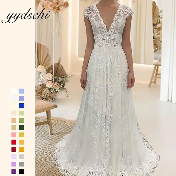 Robe de mariée blanche, col en V profond, traîne balai, en dentelle, sans manches, dos illusion sexy
