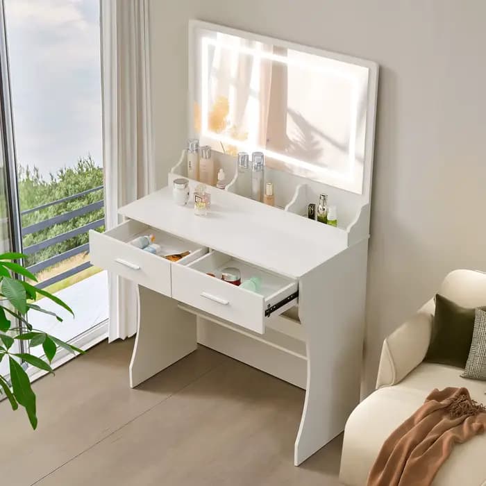 Bureau de maquillage avec lumières, vanity avec miroir ouvrable et 3 documents à intensité variable,