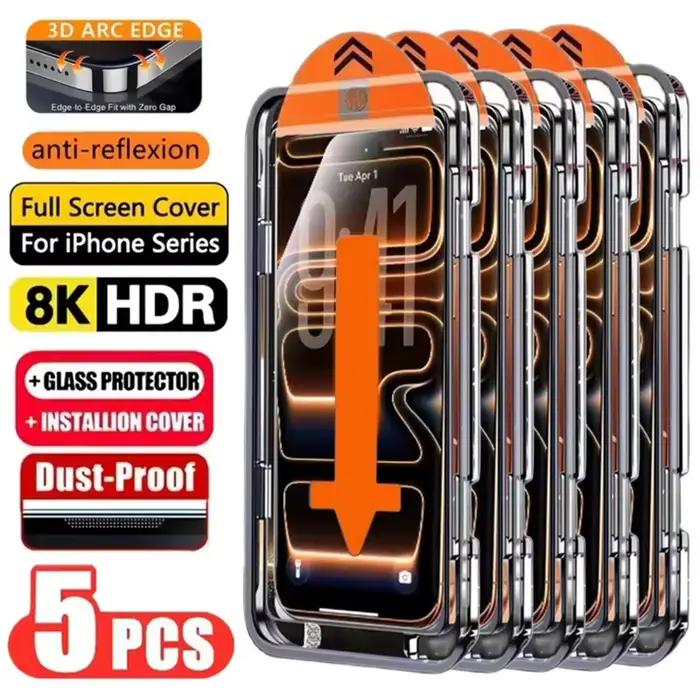 Lot de 5 protections d'écran HD en verre trempé, installation facile, pour iPhone 17, 16, 13 Pro Max