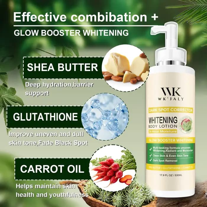 WK JALY Lotion pour le corps blanchissante Glow Booster, avec glutathion, élimine les taches foncées