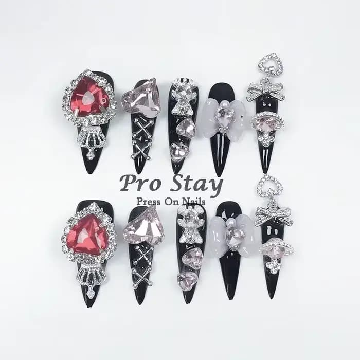 Faux ongles artificiels noirs foncés Y2k, faits à la main, à pression, doux et frais, avec diamant, 