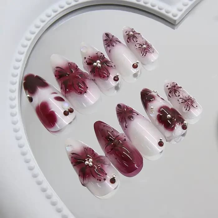 24 pièces fleur impression presse sur ongles vin rouge Blush amande faux ongles conseils portable ré