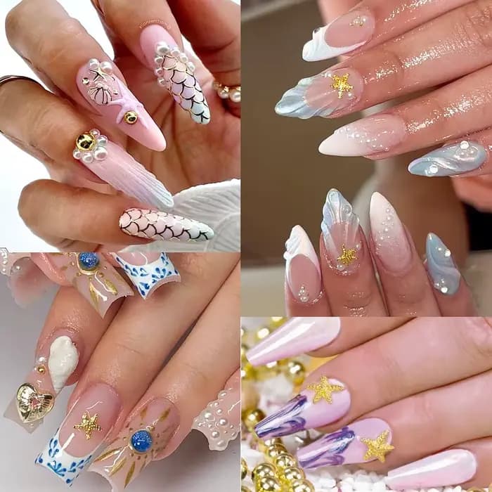 12 grilles 3D or océan Rivet breloques pour ongles mixte hippocampe/étoile de mer/perle de conque/Mi