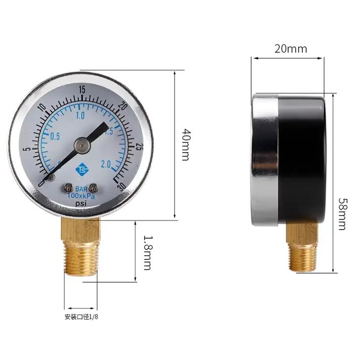 Manomètre de basse pression 50 mm 0-15 PSI, raccord inférieur 1/4 BSPT, pour eau, air, pneus de VTT,