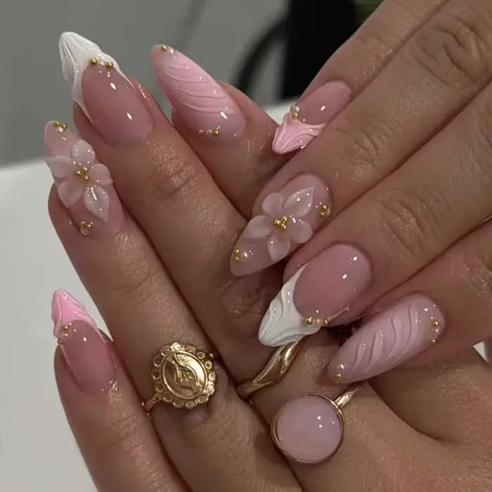 24 pièces fleur rose amande presse sur ongles Kawaii faux ongles portable ongles à coller faux ongle