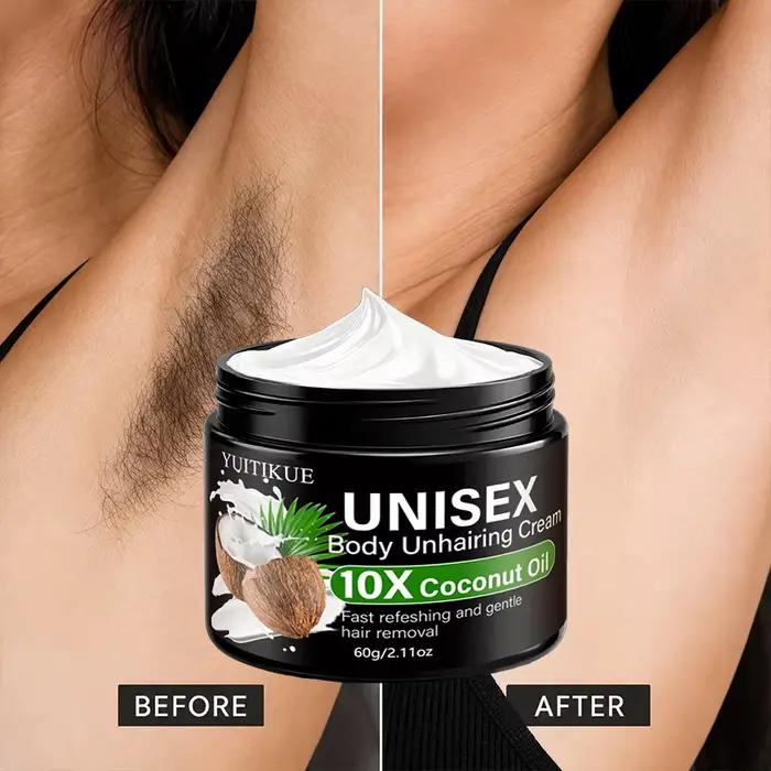 YUITIKUE Crème dépilatoire unisexe à l'huile de coco 10X, crème dépilatoire douce, rapide et rafraîchissante pour tout le corps 60g
