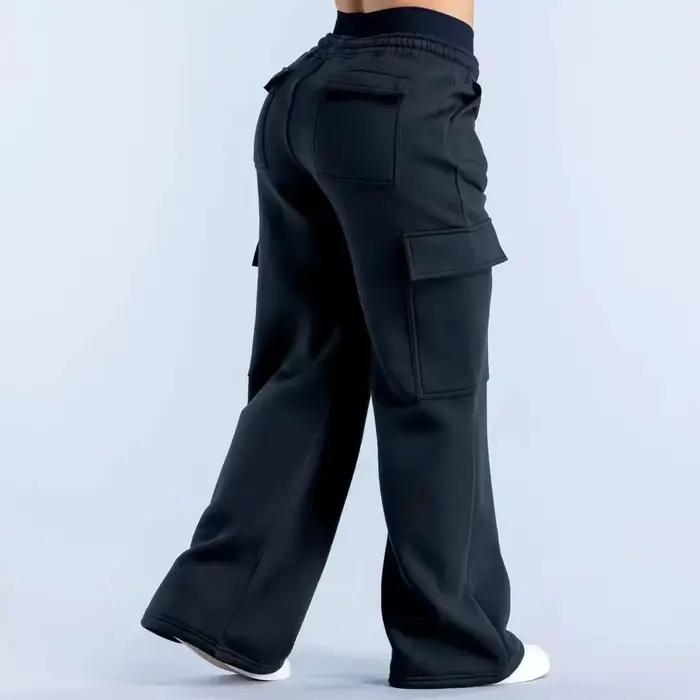 Pantalon de travail américain décontracté pour femme, taille basse, ceinturé, coupe droite, jambe large, couleur unie, plusieurs poches