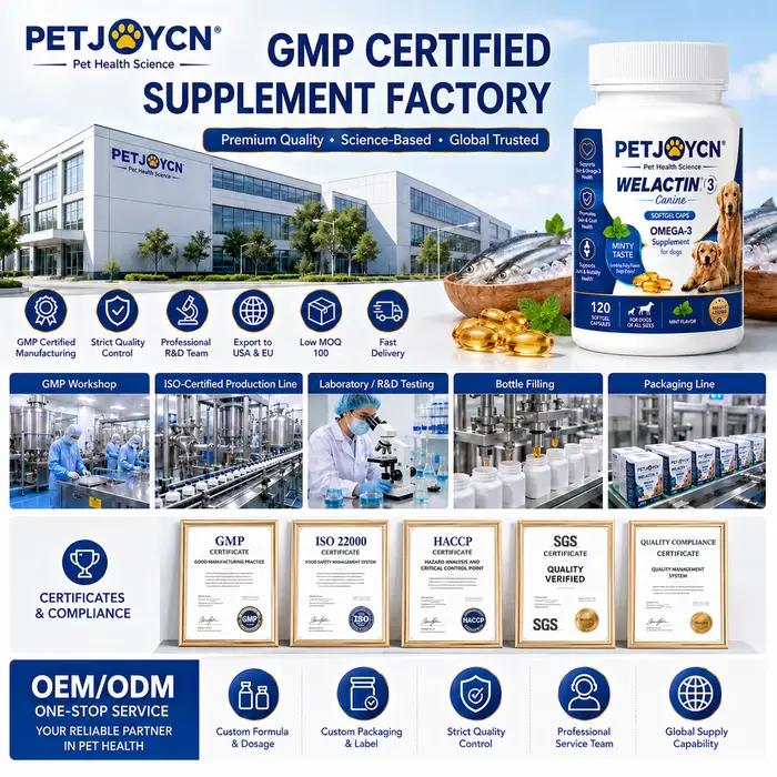 Gélules d'huile de poisson Oméga-3 OEM pour chiens, EPA DHA, soutien de la peau, du pelage et des articulations, marque privée, 120 gélules