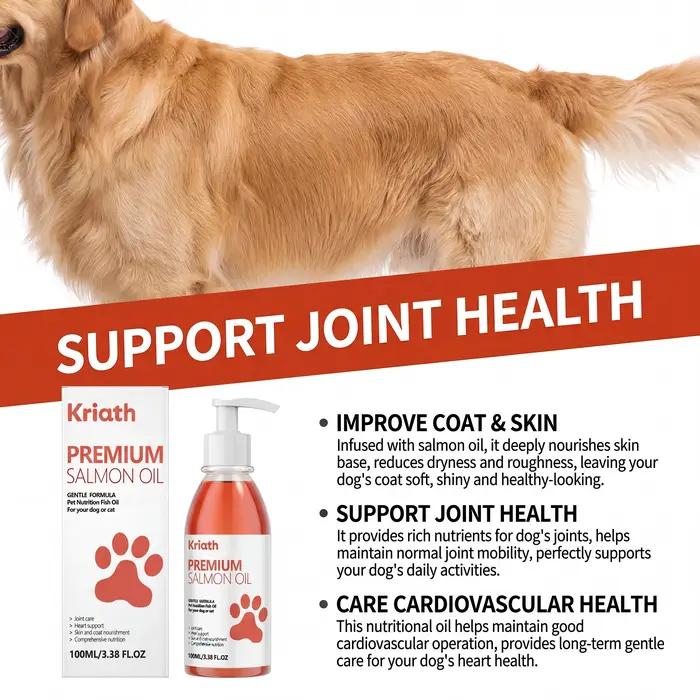 Huile de saumon pure 100 ml pour chiens et chats, acides gras oméga 3 liquides, complément pour la peau et le pelage, soutien articulaire, produits de santé pour animaux de compagnie