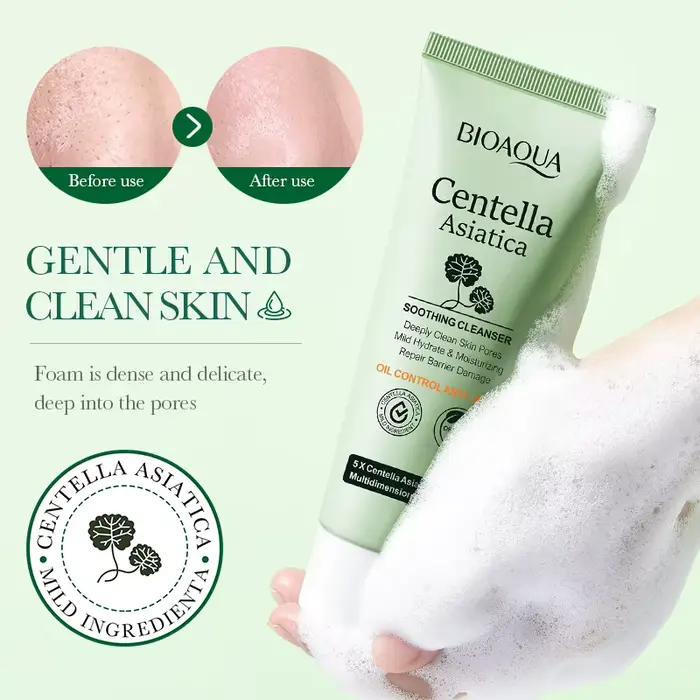 BIOAOUA Centella Asiatica Nettoyant pour le visage Mousse nettoyante quotidienne douce avec acide hyaluronique et niacinamide pour un nettoyage en profondeur des pores