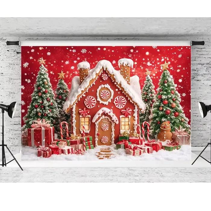 Tissu de fond pour photographie de Noël - Maison en pain d'épices, flocons de neige, canne à bonbons et motifs d'arbres