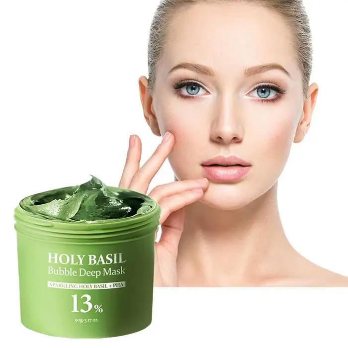 Masque à l'argile au basilic sacré 90g, masque nettoyant en profondeur pour les pores et régulateur de sébum avec PHA, masque exfoliant pour éliminer les points noirs et les peaux mortes