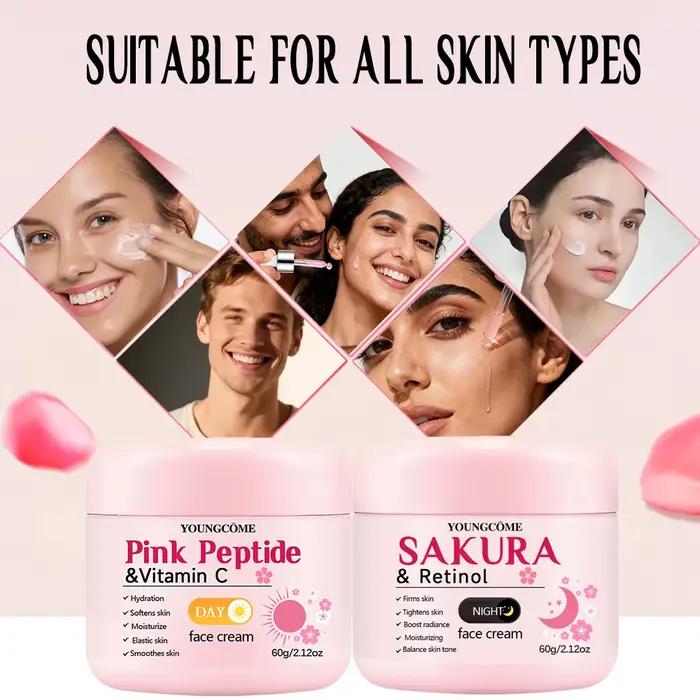 Ensemble de soins de la peau jour et nuit 4 pièces : crème de jour à la vitamine C au peptide rose + crème de nuit au rétinol Sakura et essence pour l'hydratation et la fermeté
