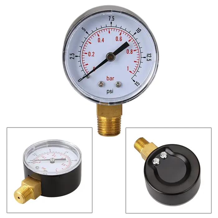 Manomètre de basse pression 50 mm 0-15 PSI, raccord inférieur 1/4 BSPT, pour eau, air, pneus de VTT, test de pression de gaz