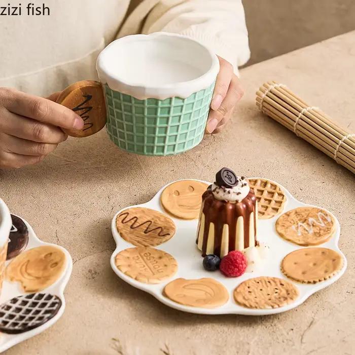 Poignée à biscuits tasse en céramique assiette à biscuits tasse de petit déjeuner créative tasse à café tasse à lait tasses à boissons tasses d'eau domestique tasse à thé