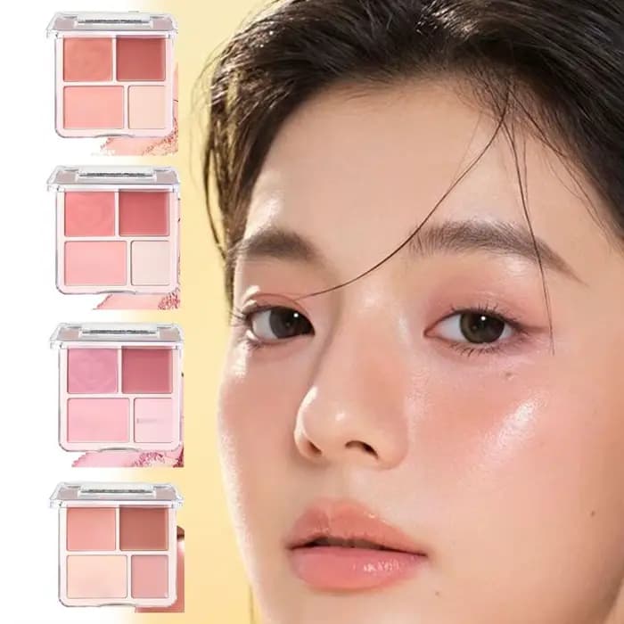 Palette de fard à joues et d'enlumineur 4 couleurs rose pêche - Poudre crème mate