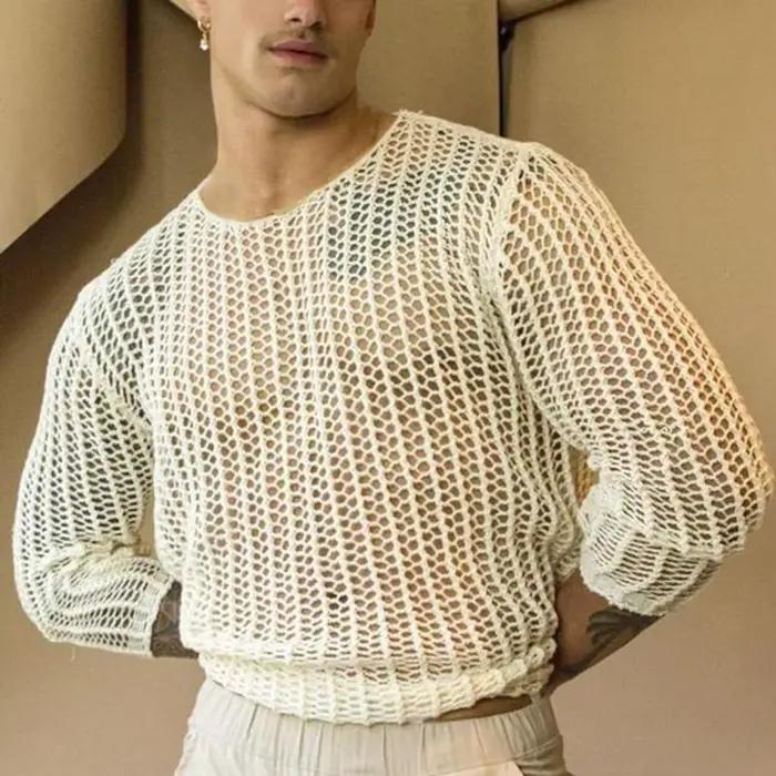 Haut en maille transparent pour hommes, manches longues, col rond, ajouré, chemise à bascule, haut en maille tricoté, vêtements pour hommes
