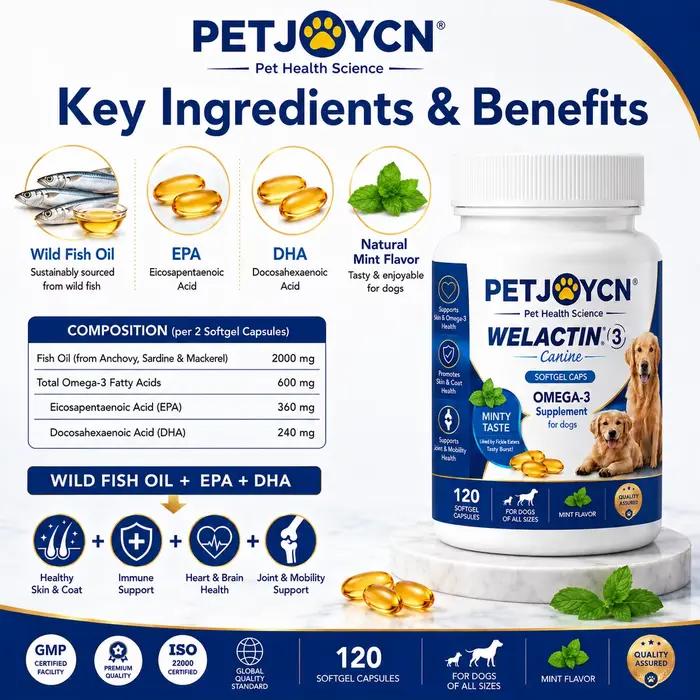 Gélules d'huile de poisson Oméga-3 OEM pour chiens, EPA DHA, soutien de la peau, du pelage et des articulations, marque privée, 120 gélules