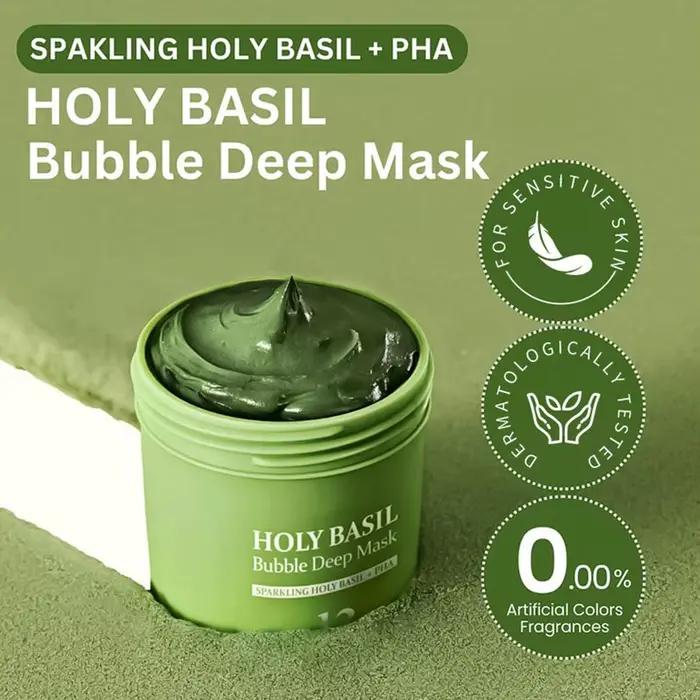 Masque à l'argile au basilic sacré 90g, masque nettoyant en profondeur pour les pores et régulateur de sébum avec PHA, masque exfoliant pour éliminer les points noirs et les peaux mortes