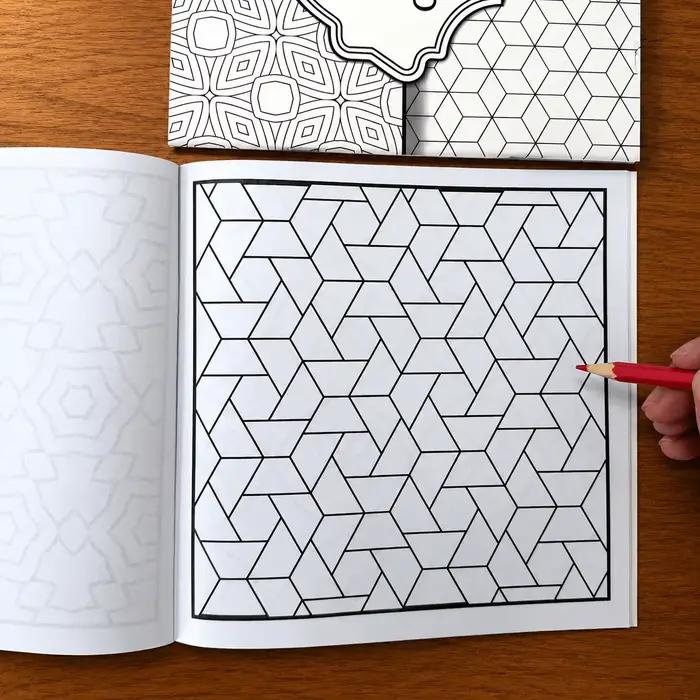 Livre de coloriage à motifs géométriques, 28 pages, tessellation abstraite, art linéaire géométrique, anti-stress, cahier de dessin relaxant pour adultes