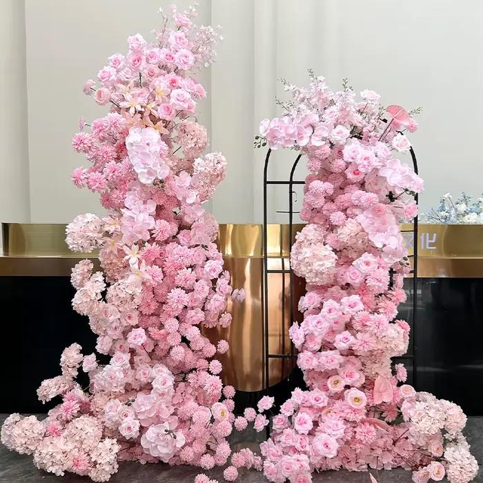 Décoration d'arche de fond KT avec arrangement floral 5D rose, rangée de fleurs d'hortensia, d'orchidée et de rose, accessoires de mariage et centre de table sphérique