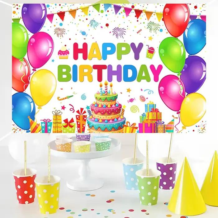 Décorations de fête d'anniversaire, bannière d'arrière-plan, ballons colorés, Design de gâteau, tissu de fond, décoration de fête de 1er anniversaire