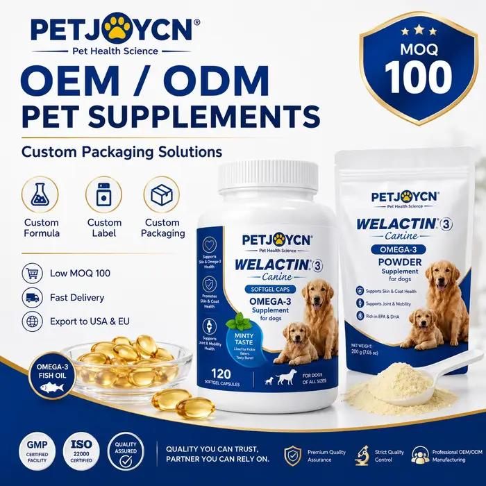 Gélules d'huile de poisson Oméga-3 OEM pour chiens, EPA DHA, soutien de la peau, du pelage et des articulations, marque privée, 120 gélules