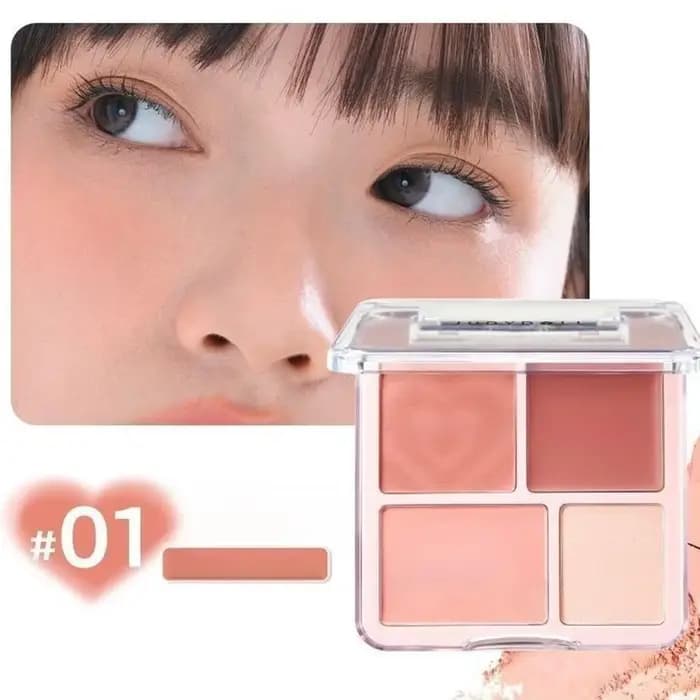 Palette de fard à joues et d'enlumineur 4 couleurs rose pêche - Poudre crème mate