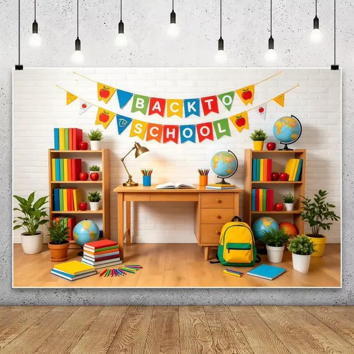 Fond de photographie pour arrière-plan de fête d'enfants, thème tableau noir, bibliothèque, bannière rentrée scolaire, crayons de couleur, décor ABC, portrait