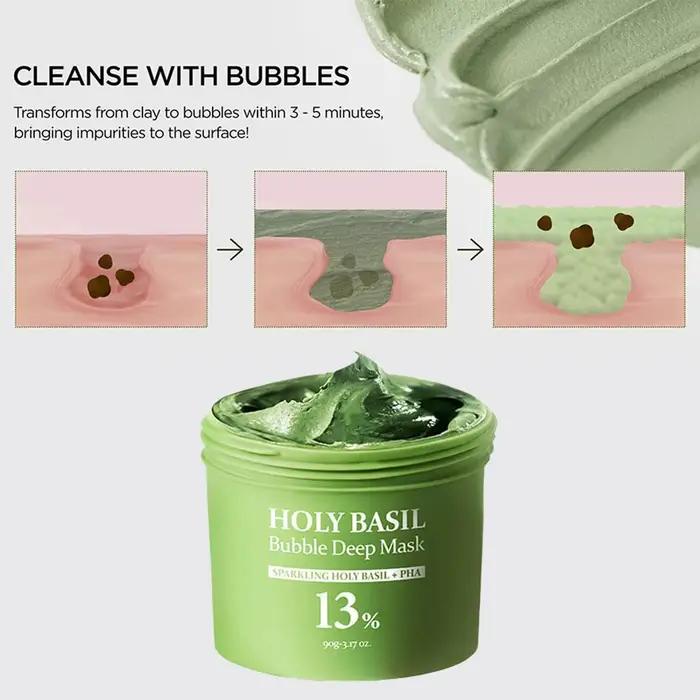 Masque à l'argile au basilic sacré 90g, masque nettoyant en profondeur pour les pores et régulateur de sébum avec PHA, masque exfoliant pour éliminer les points noirs et les peaux mortes