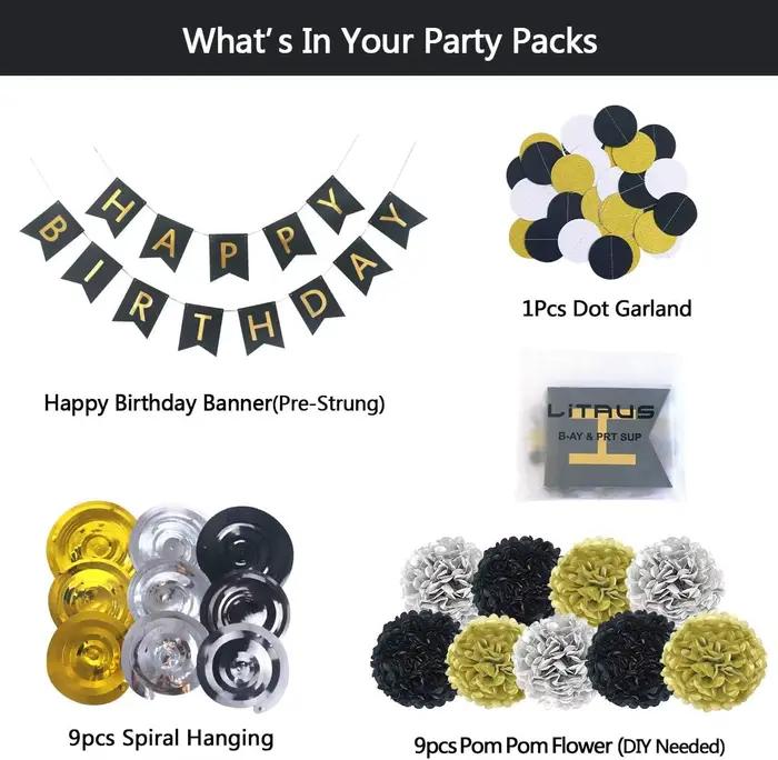 Black Gold Birthday Decorations, Pack of 20 | Happy Birthday Banner, Tissue Paper, Swirls, Garland