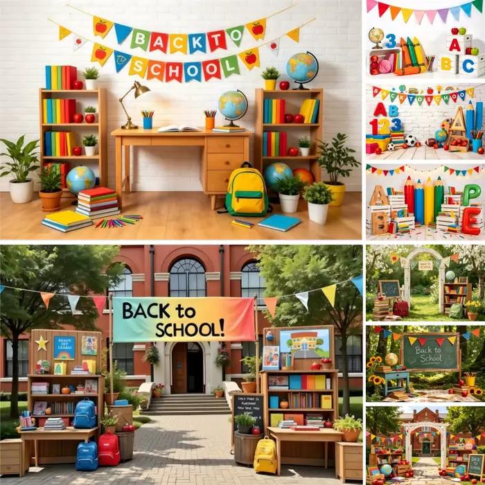 Fond de photographie pour arrière-plan de fête d'enfants, thème tableau noir, bibliothèque, bannière rentrée scolaire, crayons de couleur, décor ABC, portrait