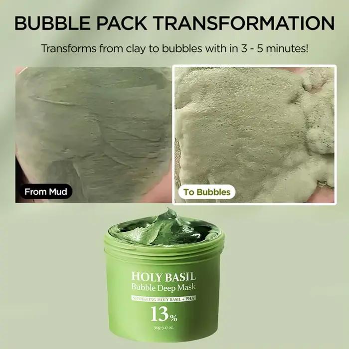 Masque Moussant Purifiant au Basilic 90g, Masque à l'Argile Exfoliant au PHA pour Nettoyage en Profondeur des Pores, Élimination des Points Noirs et des Peaux Mortes, Contrôle du Sébum