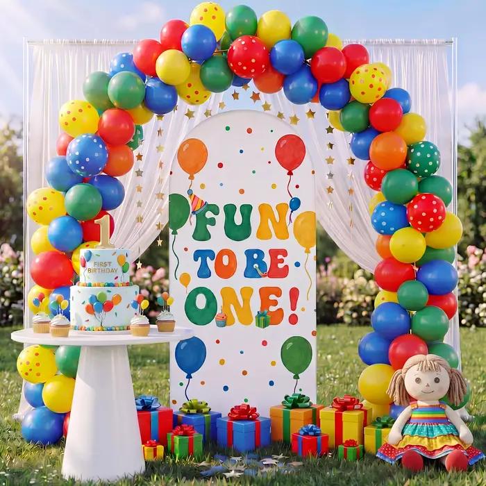 Housse d'arche d'arrière-plan pour anniversaire 'Fun to Be One', avec ballons colorés et motifs à pois, pour le premier anniversaire des enfants, la fête prénatale et accessoires photo