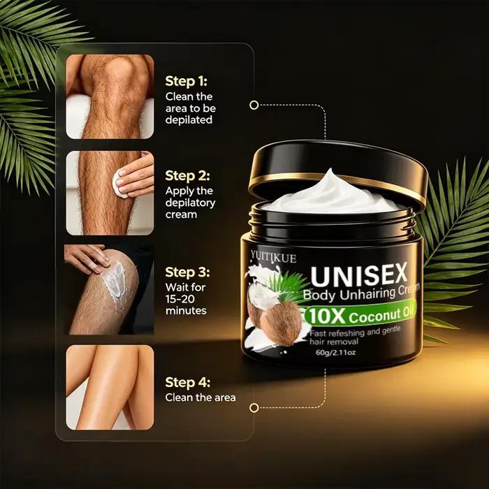 YUITIKUE Crème dépilatoire unisexe à l'huile de coco 10X, crème dépilatoire douce, rapide et rafraîchissante pour tout le corps 60g