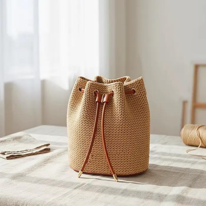 Kit de fabrication de sac seau au crochet DIY, base de sac ronde en PU avec cordon de serrage et bandoulière pour accessoires de sac tricoté fait main