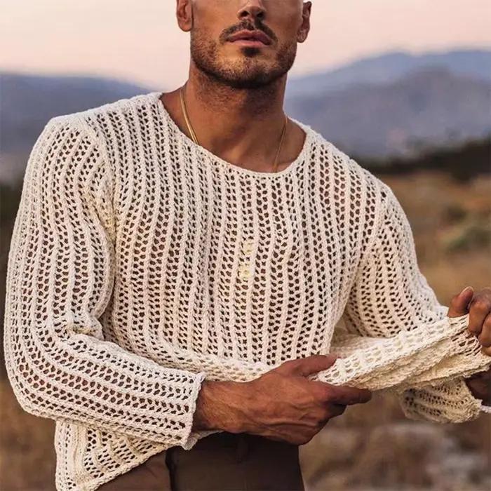 Haut en maille transparent pour hommes, manches longues, col rond, ajouré, chemise à bascule, haut en maille tricoté, vêtements pour hommes