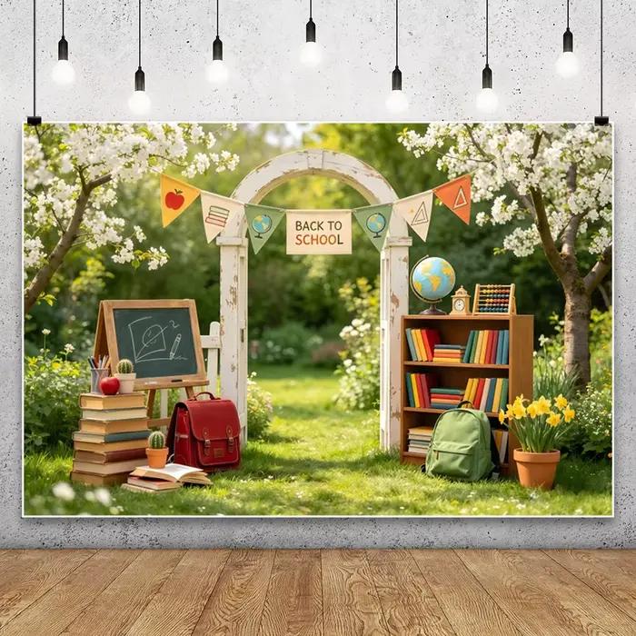 Fond de photographie pour arrière-plan de fête d'enfants, thème tableau noir, bibliothèque, bannière rentrée scolaire, crayons de couleur, décor ABC, portrait