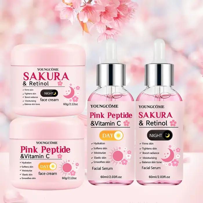 Ensemble de soins de la peau jour et nuit 4 pièces : crème de jour à la vitamine C au peptide rose + crème de nuit au rétinol Sakura et essence pour l'hydratation et la fermeté