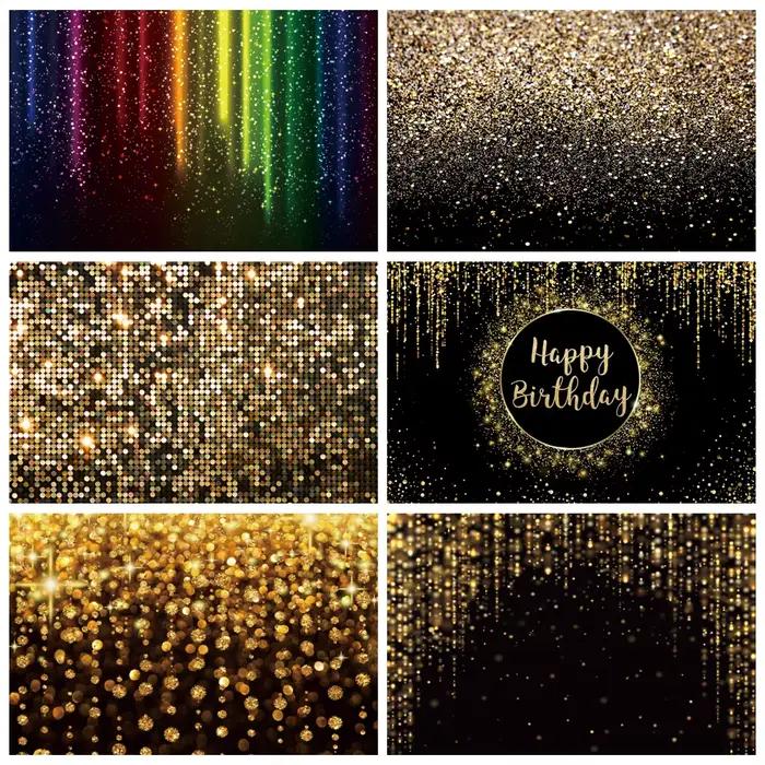 Toile de fond de photographie de bokeh de paillettes d'or et d'argent, arrière-plans de point brillant d'or noir, décor personnalisé de studio de photo pour la fête d'anniversaire