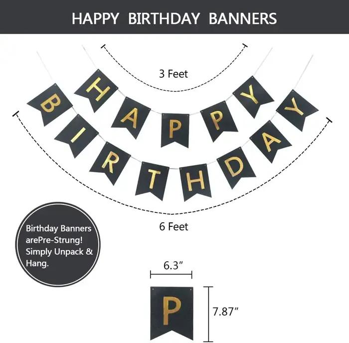 Black Gold Birthday Decorations, Pack of 20 | Happy Birthday Banner, Tissue Paper, Swirls, Garland