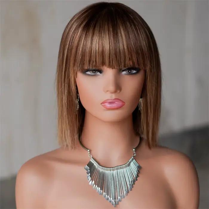 Perruques courtes et droites en cheveux humains blonds et bruns avec frange pour femmes, cheveux brésiliens Remy, perruques sans colle, cheveux humains pour cosplay