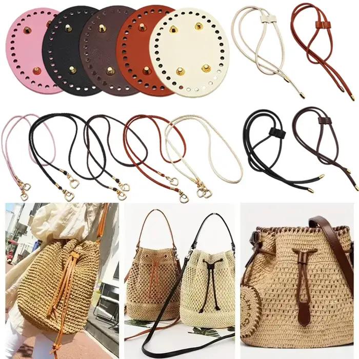 Kit de fabrication de sac seau au crochet DIY, base de sac ronde en PU avec cordon de serrage et bandoulière pour accessoires de sac tricoté fait main