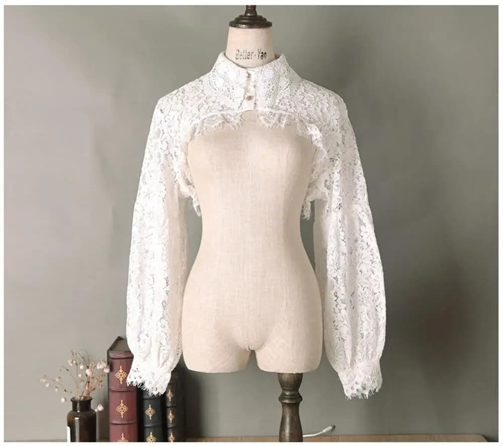 Chemisier demi-haut à manches longues bouffantes pour femmes, à volants, faux col détachable, access
