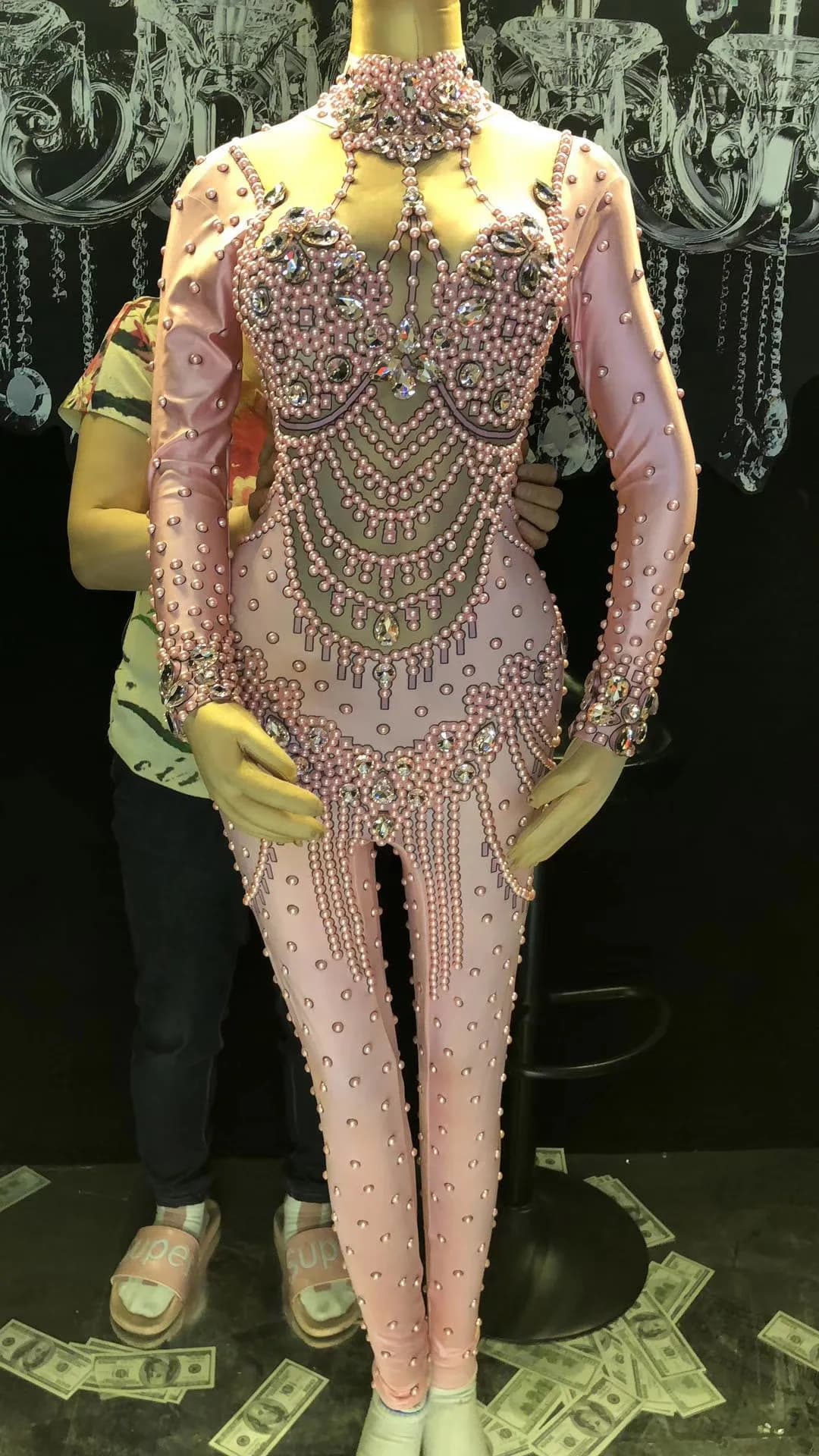 Grande combinaison de perles de cristal scintillantes pour femmes, sexy, fête d'anniversaire, Costum