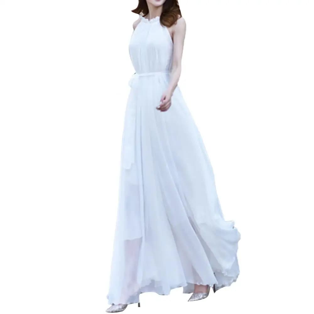 Robe longue style bohémien pour femmes, ample, couleur unie, col à volants, sans manches, Maxi, avec