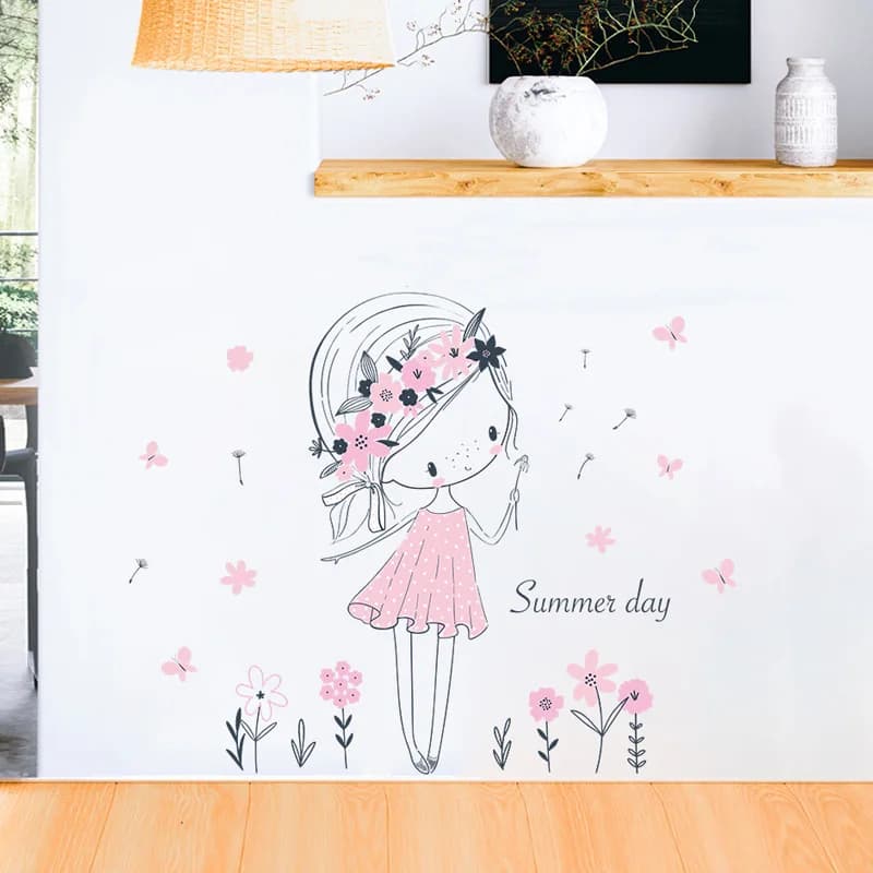 Autocollant mural pour fille, décoration d'été pour chambre de fille, papier peint rose mignon, séri
