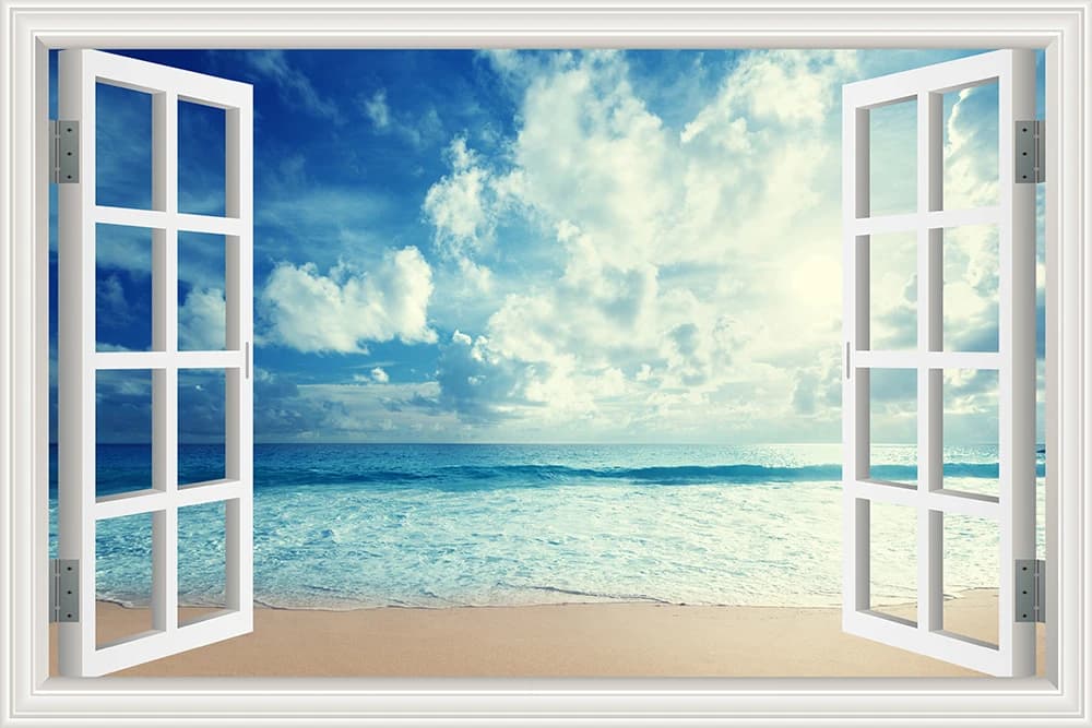 Autocollant mural 3D avec vue sur fenêtre, ciel naturel, plage bleue, PVC, paysage de mer, décalcoma