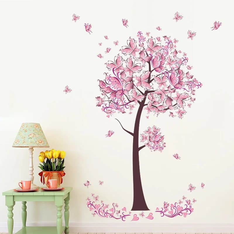 Autocollant Mural fleur papillon rose, décorations de fond de chambre à coucher, salon, papier peint